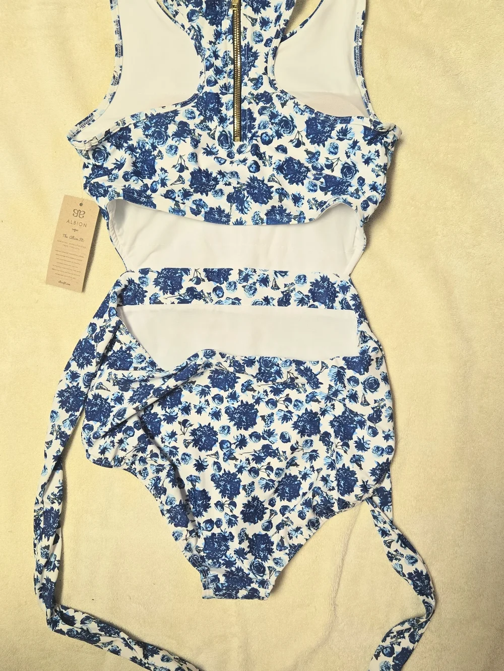 Blue & White Floral Cutout One-Piece Swimsuit with Front Zip